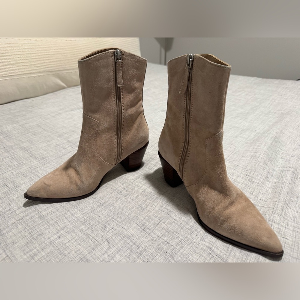 Paolo Beige Suede Mid-Calf Zip Block Heel Boots
